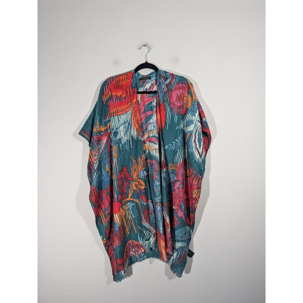 Do Everything In Love Kimono Women One Size Green Tropical Print Boho Fringe Hem